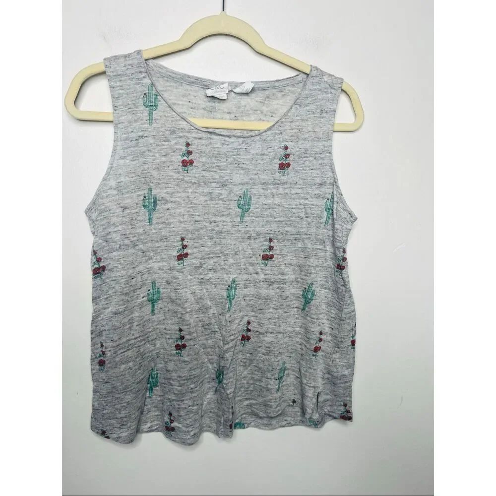 C&C California 100% Linen Gray Tank Top Cactus flower Sz M Western Coastal Cowgi